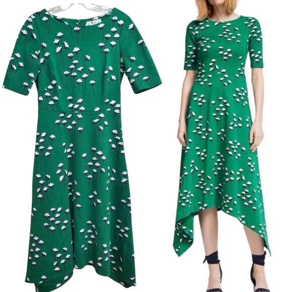 Boden Leonie Jersey dress Womens Size 4P Petite forest green Floral Fit & Flare - Picture 1 of 11